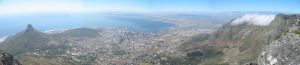 Panoramic view of Cape Town, with Lion's Head to the left, Robben Island in the distance and Devil's Peak to the right